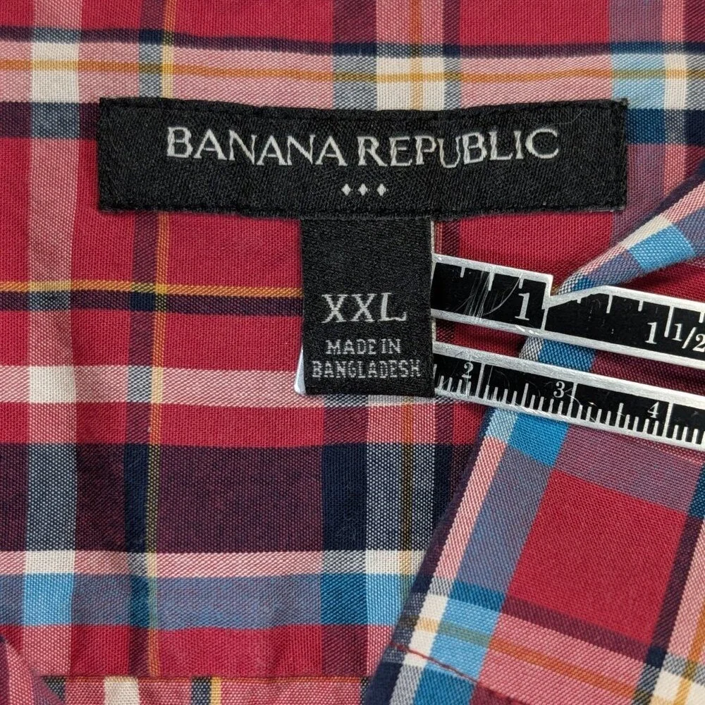 Banana Republic XXL Plaid Short Sleeve Button Up Shirt Red Blue Cotton